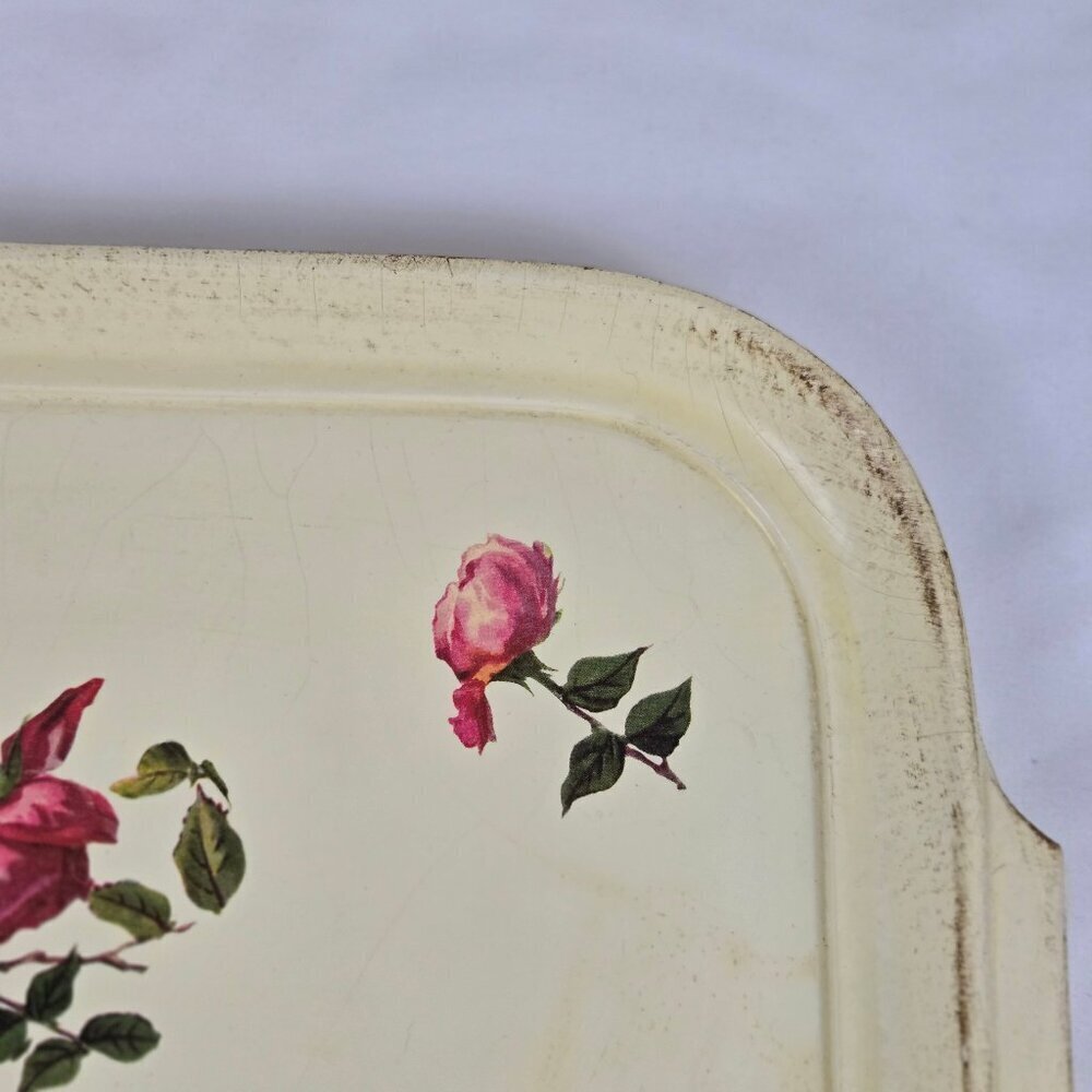 Lightweight Rectangular Tray with Rose Pattern Integrated Handles Distressed - Picture 6 of 8